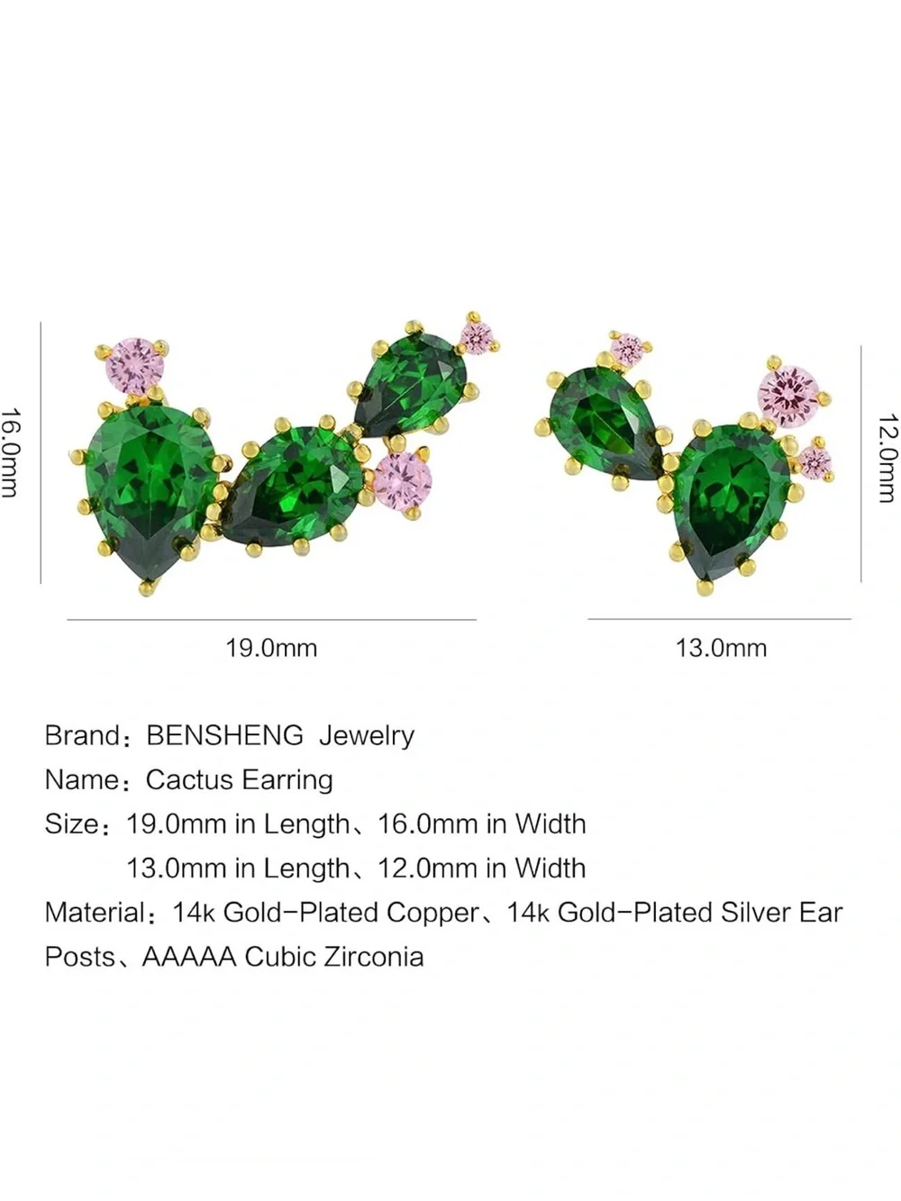 Bensheng gold-Plated GreenPink 5A Cubic Zirconia CZ Asymmetric Cactus And Flower